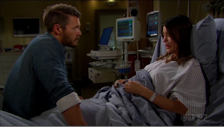liam sits at steffy hospital bed side bold beautiful