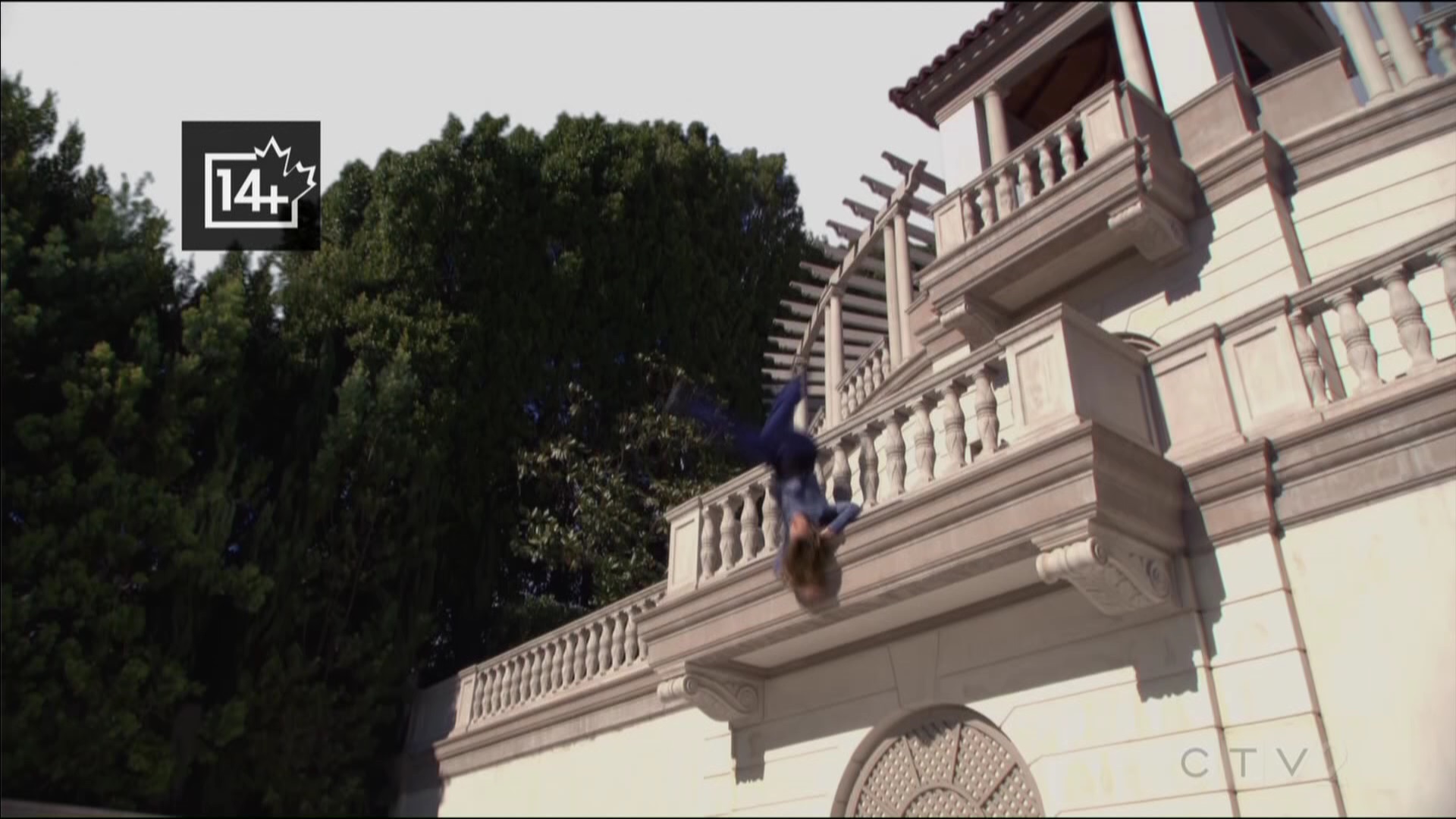 sheila falls over Bill's balcony